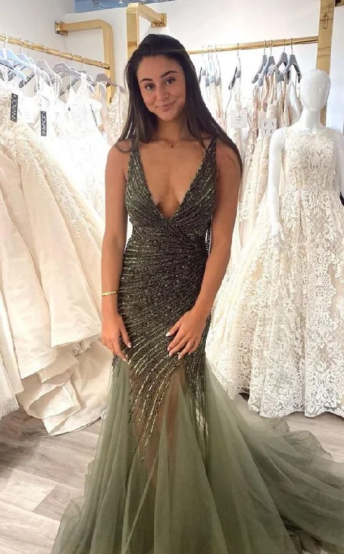 Peplum DressSleeveless Bodice with Deep V-neck Prom Dress,Sexy Mermaid Evening Dress Y1704