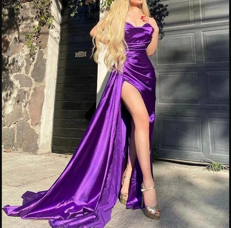 Elegant DressSexy Purple Mermaid Satin Long Prom Dresses Side Slit Long Evening Dress Y1923