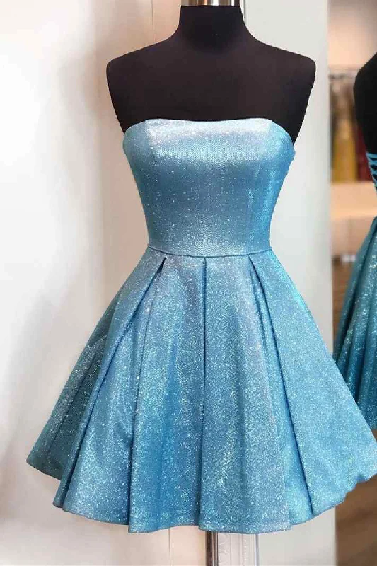 Ball Gown DressShiny Short Blue Strapless A-Line Satin Homecoming Dress