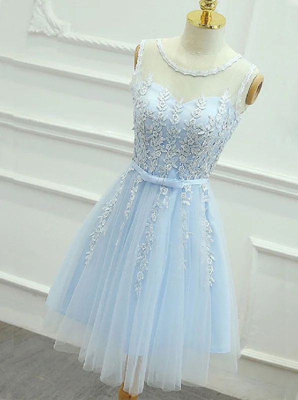 Casual Chic DressA-Line Jewel Keyhole Back Tulle Homecoming Dress With Sash Appliques OM118