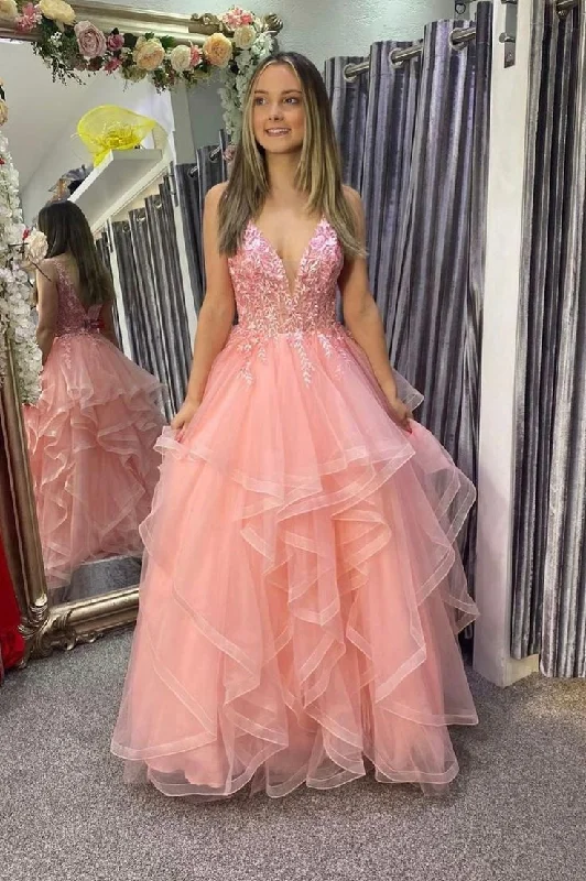 Tulle DressPink V-Neck Lace Long Prom Dresses, A-Line Pink Evening Dresses Y1885