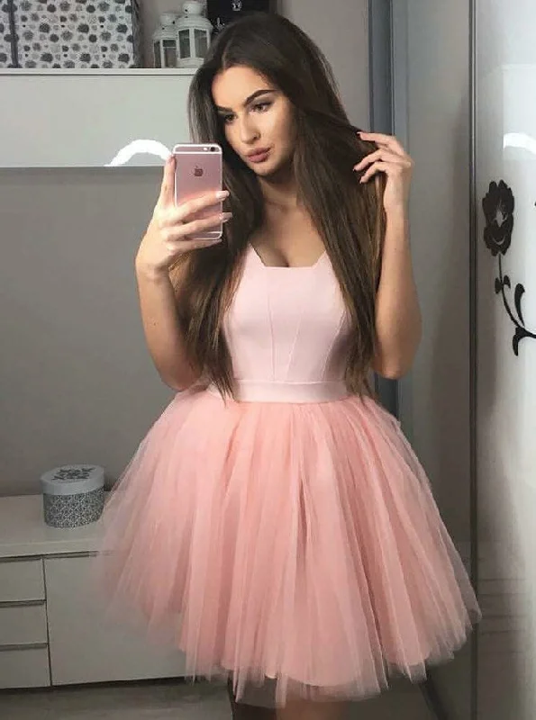 Velveteen DressBlush Pink Satin Bodice Short Homecoming Dress With Tulle Pleated Skirt OM283