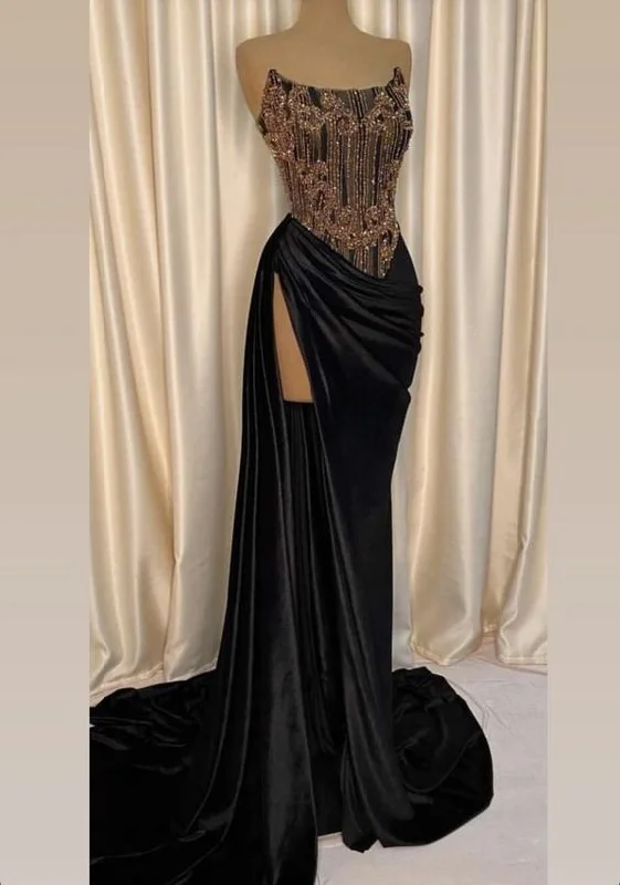 Peplum DressBlack Strapless Long Evening Dress , Chic Black Prom Dress with High Split , Black Gala Dress Y1903