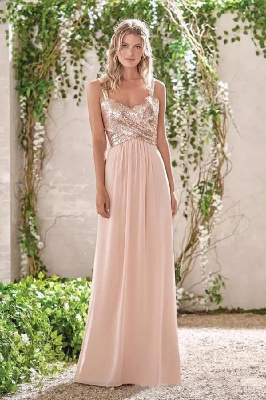 Bohemian DressRose Gold A Line Spaghetti Straps Prom Gowns Backless Sequins Chiffon Bridesmaid Dress OKI10