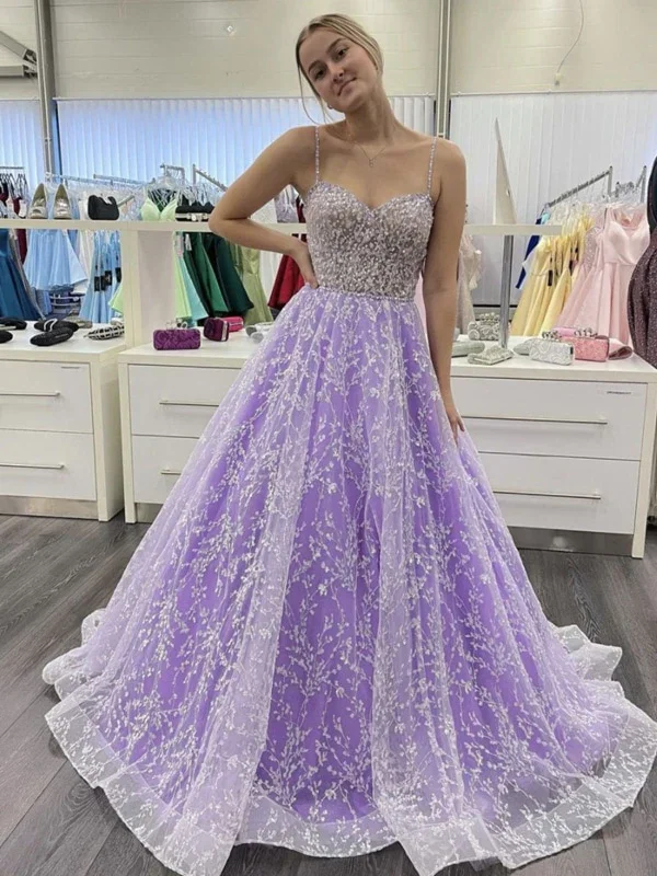 Casual DressSweetheart Neck Open Back Purple Lace Long Prom Dresses, Purple Lace Formal Dresses, Purple Evening Dresses Y1730