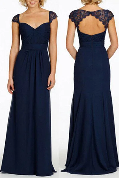 Designer DressNavy Blue Long Open Back Cap Sleeve Sexy Chiffon Bridesmaid Dress OK189