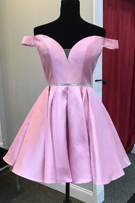 Cocktail DressA-Line Off-The-Shoulder Pink Satin Homecoming Dress With Beaded Waist