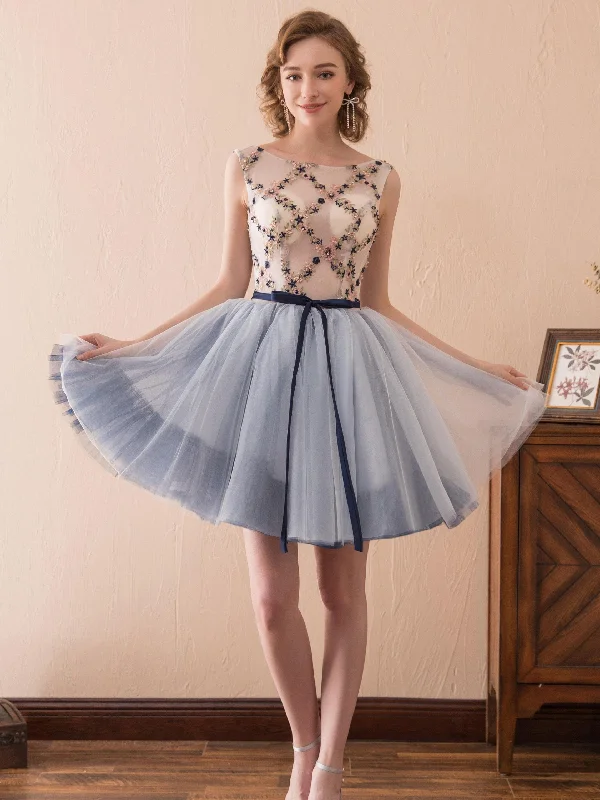 Beaded DressBateau Sleeveless Tulle Short Homecoming Dress Graduation DressWith Beading AS14619