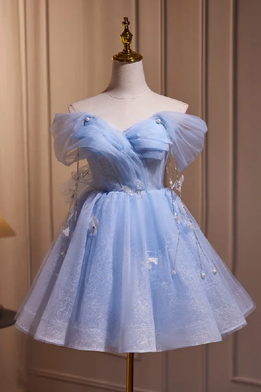 Ball Gown DressOff the Shoulder Blue Fairy A Line Short Homecoming Dresses