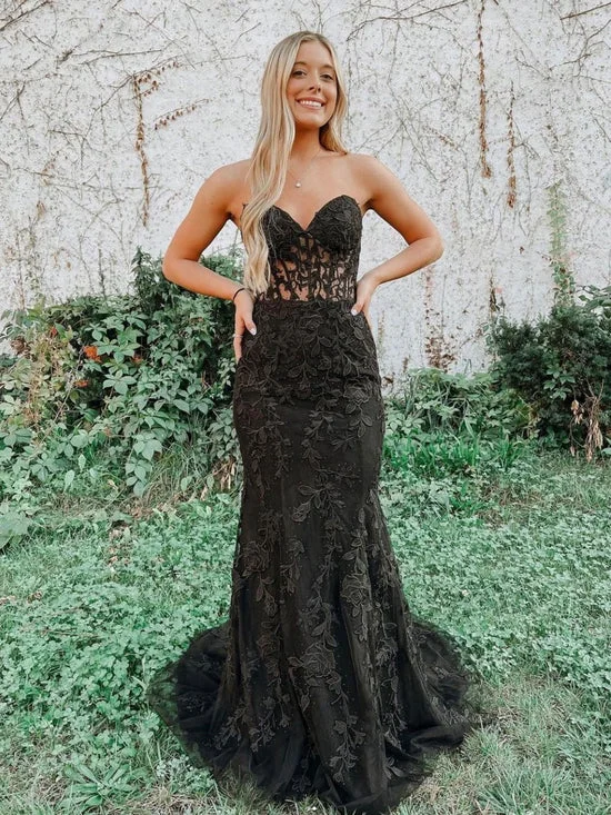 women's bell-sleeved dressesBlack tulle lace mermaid long prom dress, black tulle lace evening dress Y1788