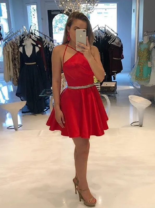 women's short-sleeved dressesA-Line Spaghetti Red Satin Homecoming Dress with Beading Waist OM455