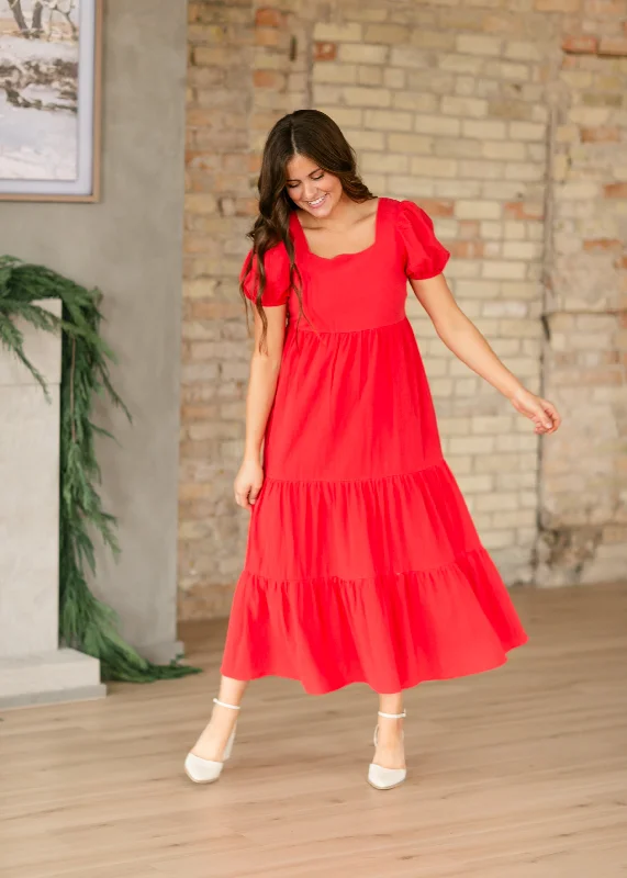 women's neon dressesHarper Short Sleeve Tiered Red Maxi Dress