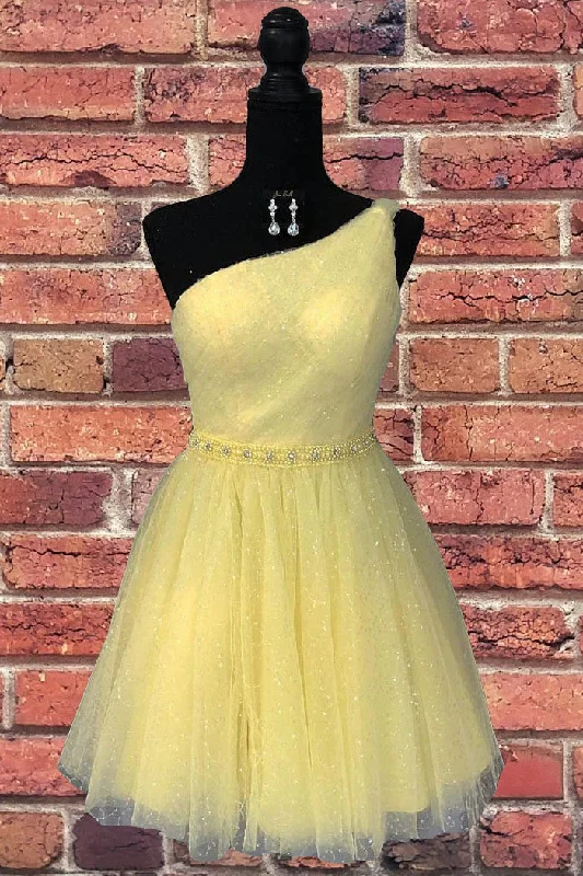 women's minimalist dressesA-line One Shoulder Yellow Tulle Beading Homecoming Dress