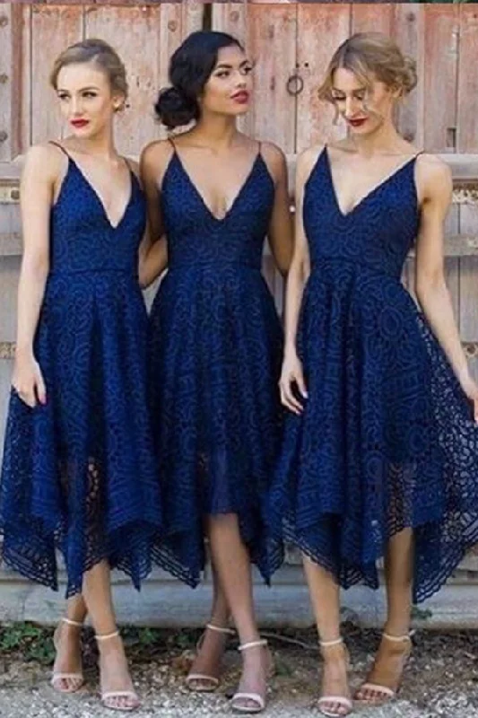 Custom DressNavy Blue/Pink Deep V-neck Spaghetti Straps Sleeveless Asymmetry Lace A-line Bridesmaid Dresses OK236