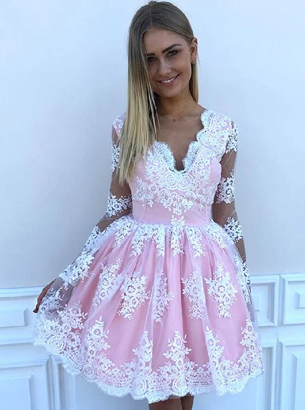 Satin DressAppliques Long Sleeves Pink Tulle Short Homecoming Dress OM338