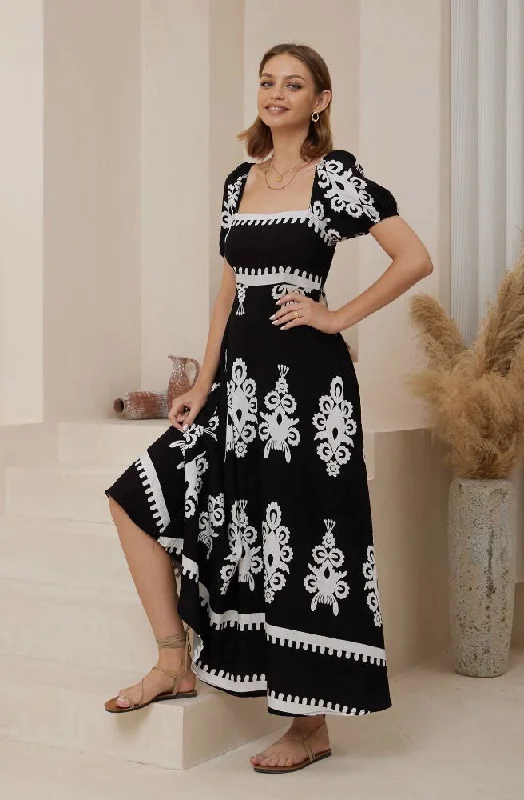 Flutter-Sleeve DressBianco Nero Bella Maxi - Puff Sleeves