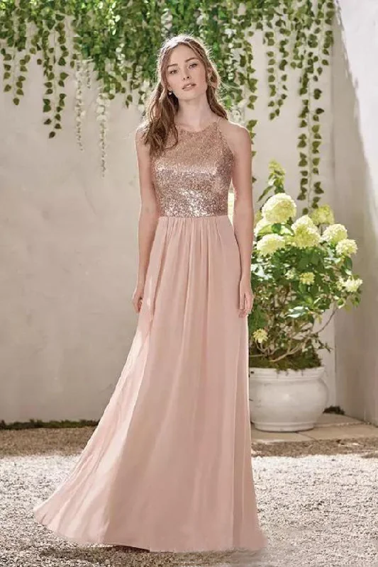 Retro DressRose Gold A Line Backless Bridesmaid Dress,Sequins Chiffon Cheap Beach Bridesmaid Dress OKI11