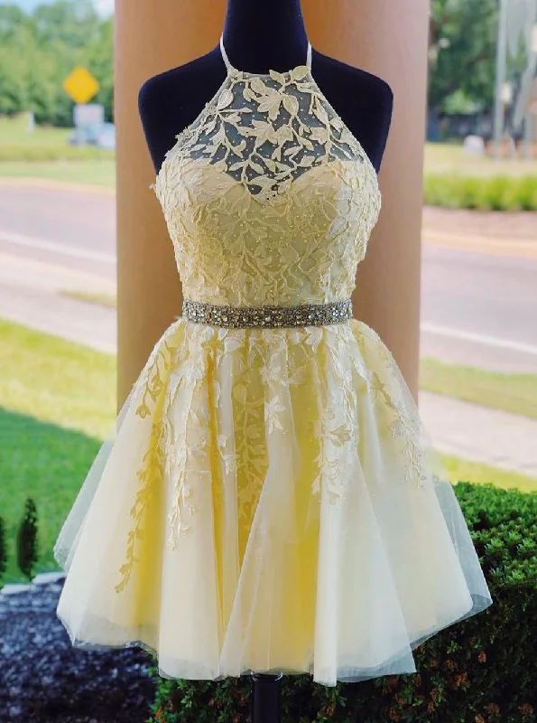 women's halter dressesTulle Lace Appliques Beading Short Homecoming Dress with Lace-Up OM462