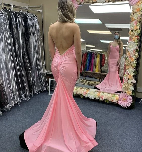 women's maximalist dressesPink Satin Long Prom Dress Mermaid Evening Dress Y1752