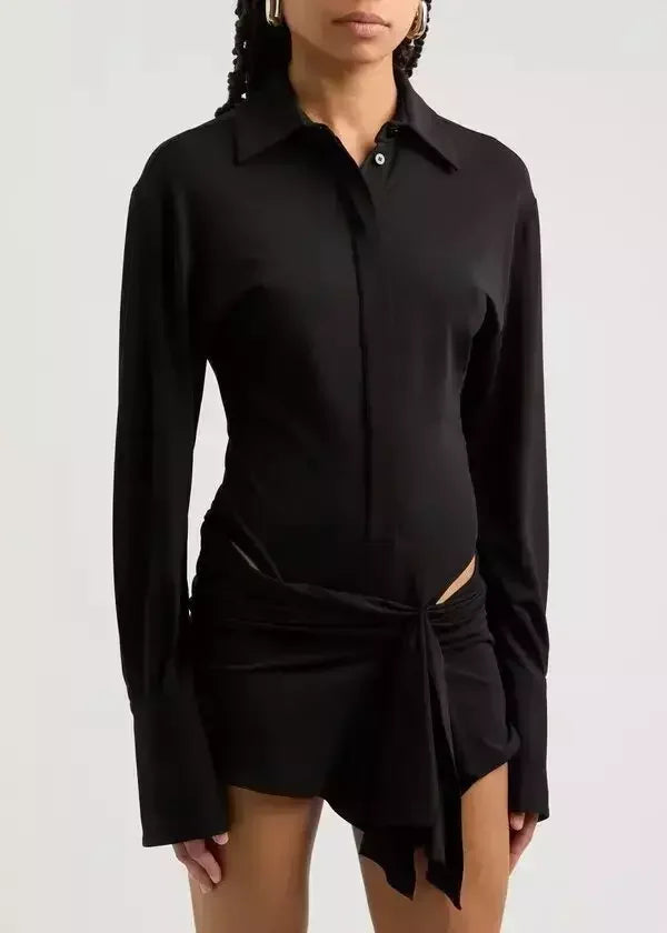 Statement DressDraped Cut-Out Black Mini Shirt Dress