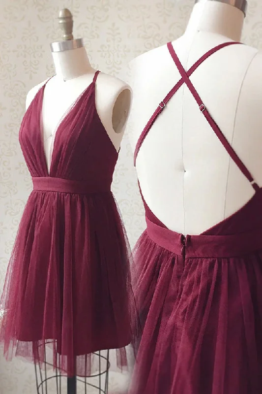 women's pear-shaped body dressesDeep V-neck Spaghetti Straps Burgundy Tulle Homecoming Dresses