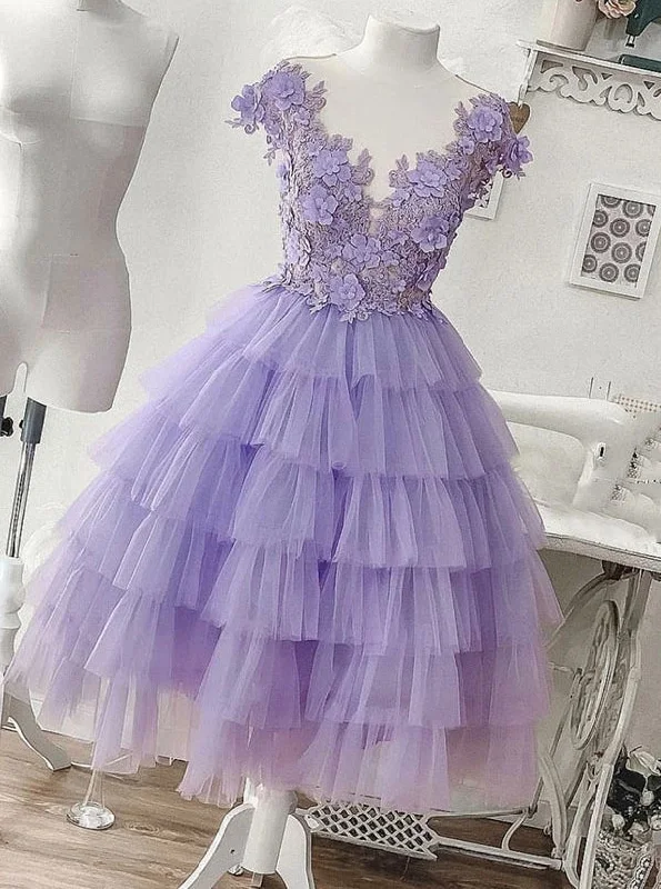 women's travel dressesTulle Applique Lilac Short Homecoming Dress, Princess Layered Sweet 16 Dress OM403