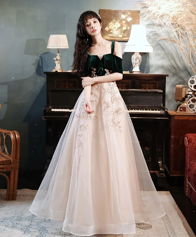 women's tall dressesA-line Green Tulle Lace Long Prom Dress, Green Formal Evening Dress Y1928