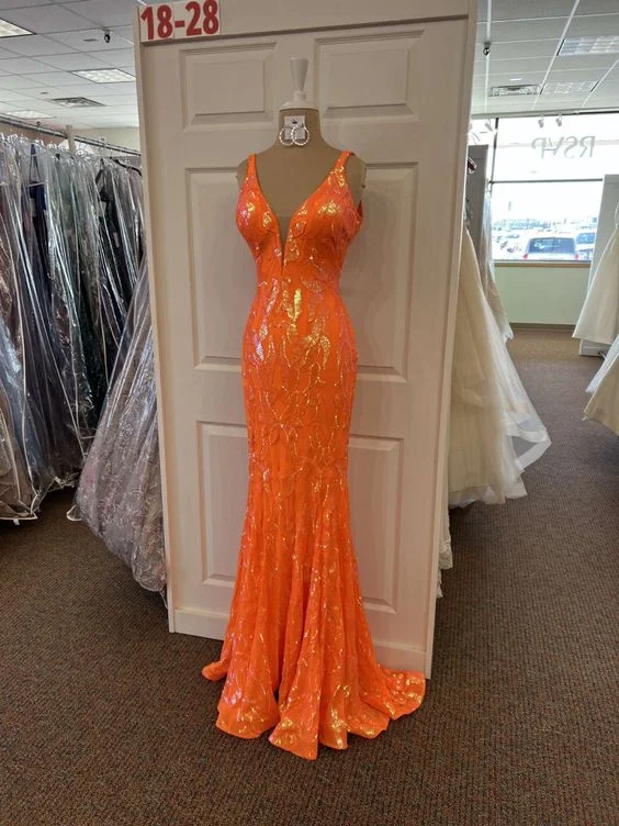 Sheath DressOrange Sequins Mermaid V-neck Long Prom Dress,Elegant Evening Dress,Orange Formal Gown Y1714