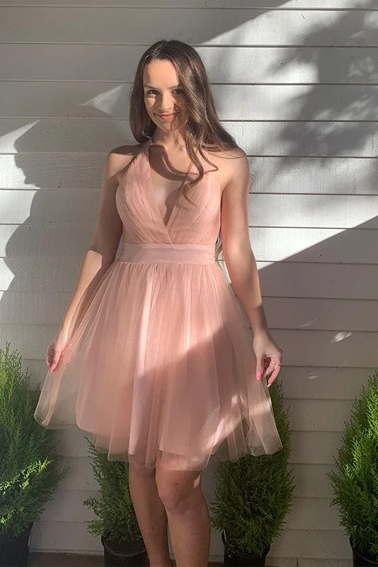 Glitter DressPink Deep V-Neck Backless Tulle Short Homecoming Dress