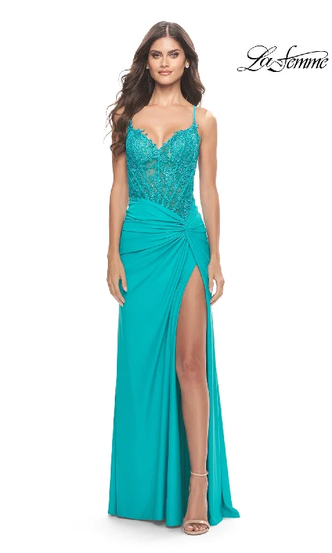 women's pear-shaped body dressesSheer-Bodice Long Prom Dress: La Femme 31447