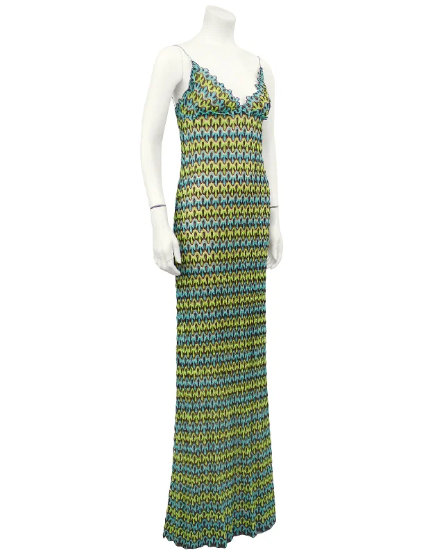 women's bell-sleeved dressesGreen and Blue Crochet Maxi Dress