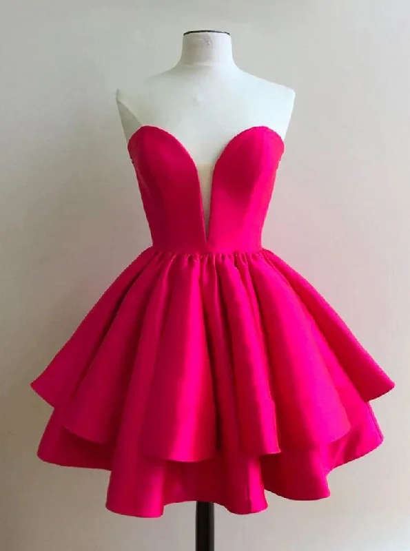 High-Low DressSweetheart Fuchsia Short Sweet 16 Dress, Strapless Homecoming Dress OM438