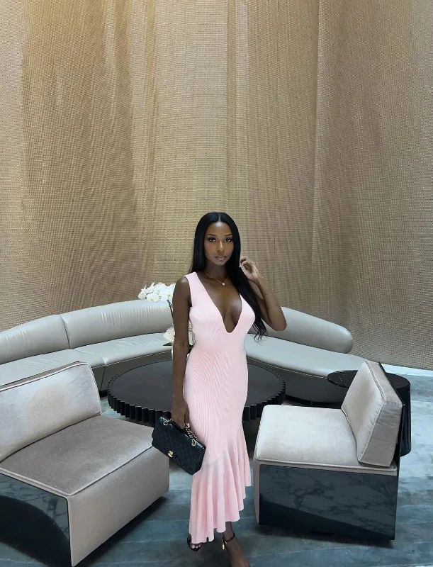 women's business casual dressesSexy Pink V Neck Mermaid Prom Dress For Black Girls Y5266