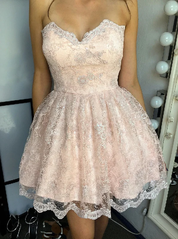 Bohemian DressChic Sweetheart Nude Short Lace A-Line Homecoming Dress OM115