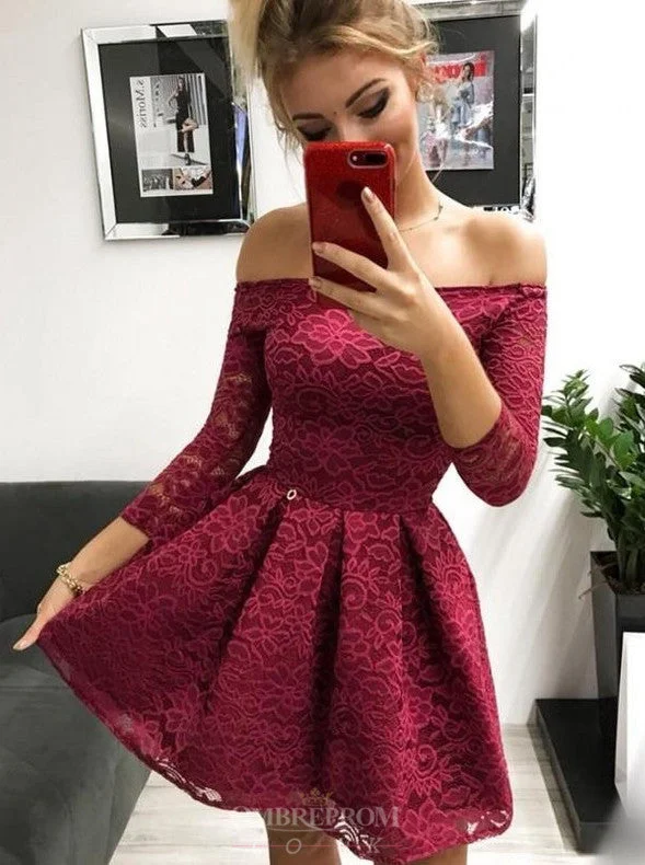 Flutter-Sleeve DressOff-the-Shoulder Long Sleeves Burgundy Lace Homecoming Dress OM184