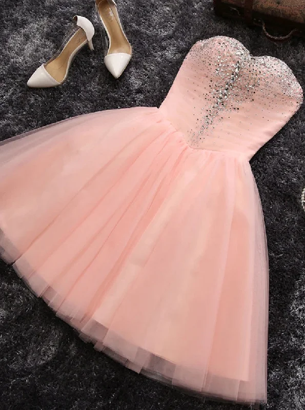 women's vacation dressesChic Sweetheart Tulle Pearl Pink Short Homecoming Dress With Beading OM407