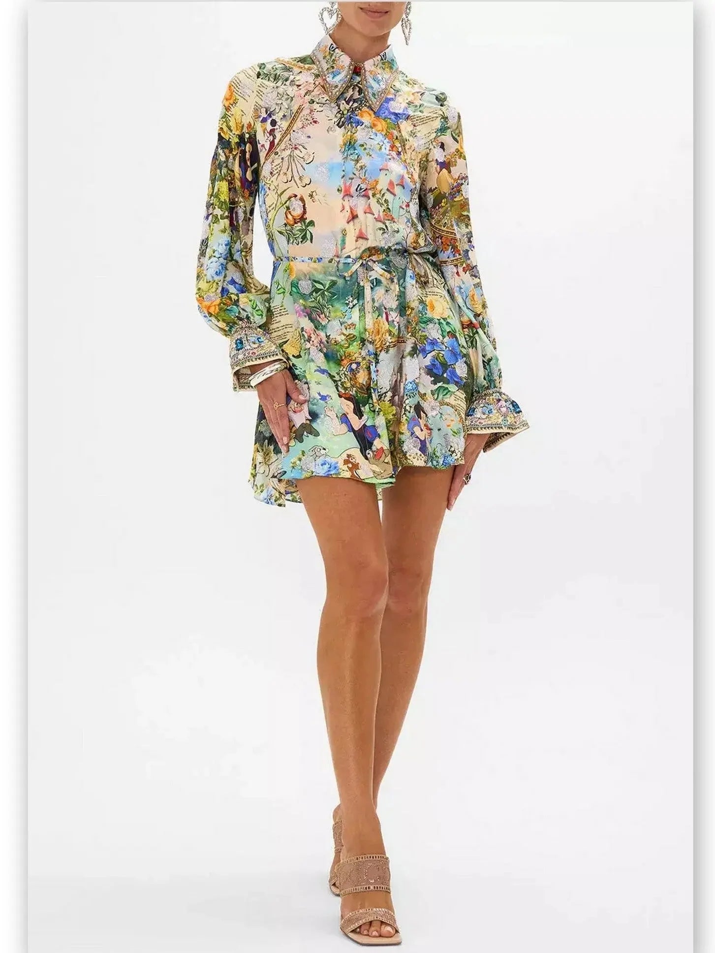 Casual Chic DressCrystal-Embellished Fairy Tale and Floral Printed Mini Shirt Dress