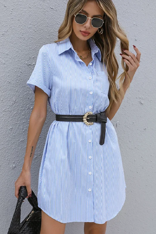 Wrap DressStriped Button Front Mini Shirt Dress（Belt Not Included)