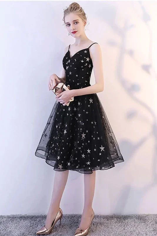 Petite DressBlack Spaghetti Straps V Neck Tulle Graduation Dress with Stars, Glitter Homecoming Dress OM604