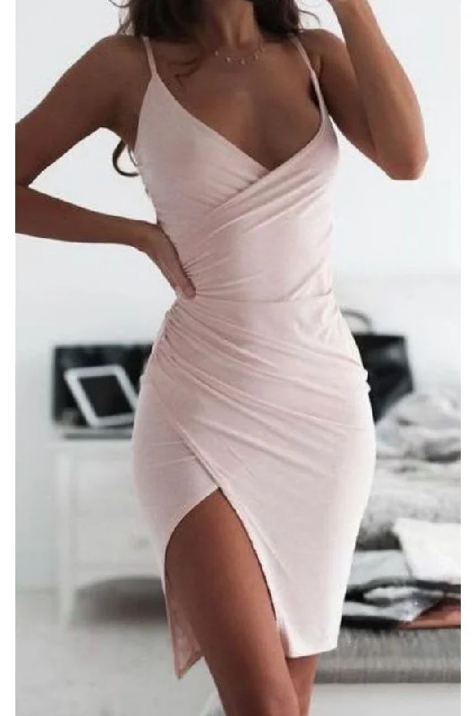 Glitter DressSexy Pink Tight Homecoming Dress Spaghetti Straps V-Neck Mini Graduation Dress OK1481