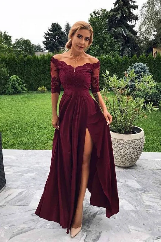 Chic DressOff the Shoulder Half Sleeve Burgundy Modest Prom Dresses,Bridesmaid Dresses with Slit OKH99