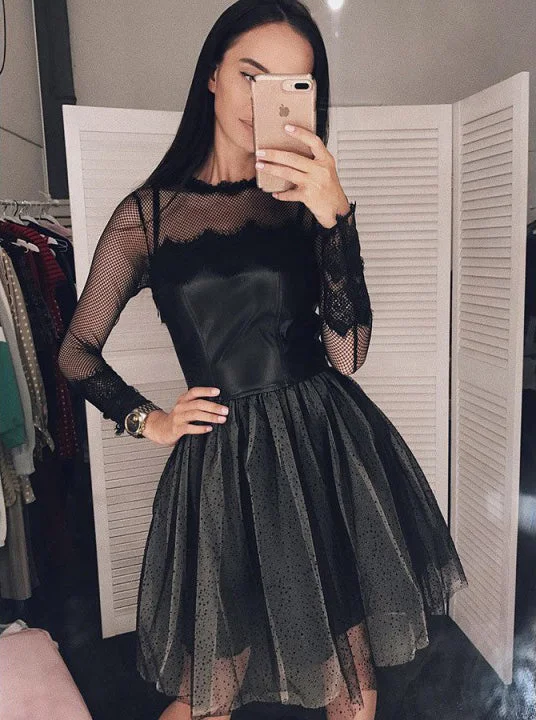 Asymmetric DressBlack Short Homecoming Dress Long Sleeve Little Black Dress OM534