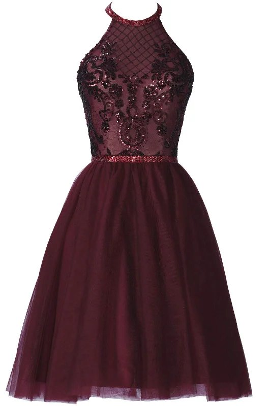 Knit DressBurgundy A-Line Halter Tulle Homecoming Dress With Appliques