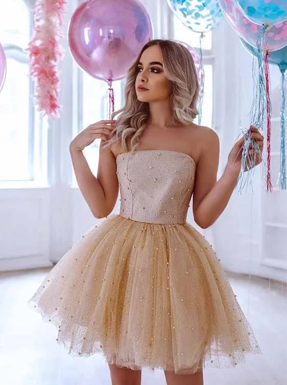 women's retro dressesSparkly Tulle Strapless Homecoming Dress Sequins Cocktail Dress With Pearls OM389