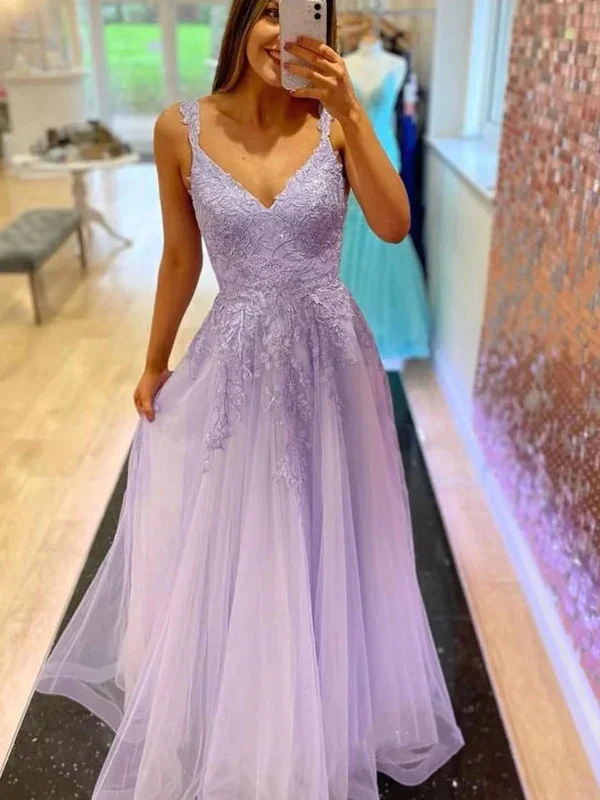 women's satin dressesA Line V Neck Beaded Lace Long Prom Dresses, Lace Formal Dresses, Lavender Evening Dresses Y1802