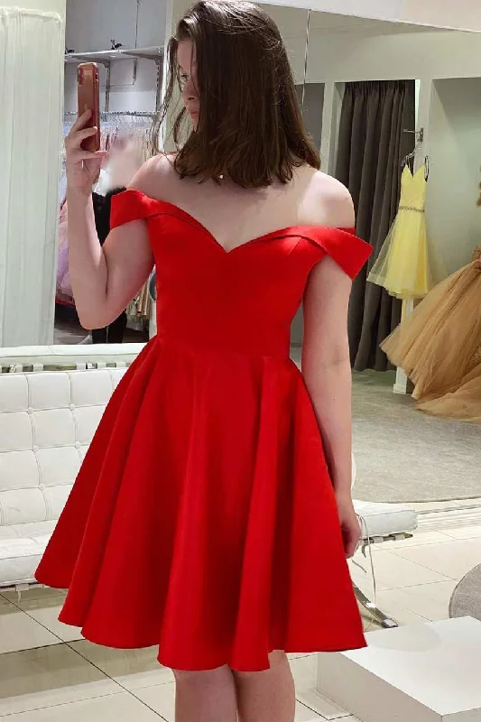 Chiffon DressSexy Red Short Off-The-Shoulder A Line Satin Homecoming Dress