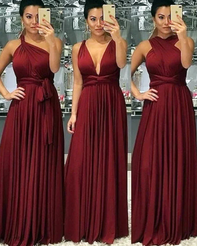 women's curve-hugging dressesFloor Length Infinity Burgundy Bridesmaid Dresses Convertible Style