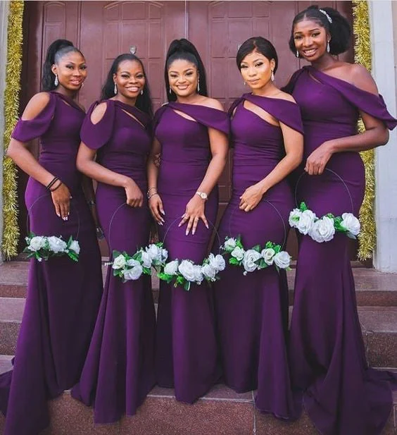 women's minimalist dressesHot Long Off the Shoulder Dark Purple Satin Bridesmaid Dresses Mermaid