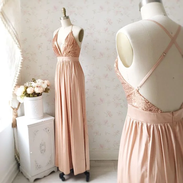 women's wedding guest dressesSheath Rose Gold Bridesmaid Dresses Sequin V Neck Wedding Guest Dress