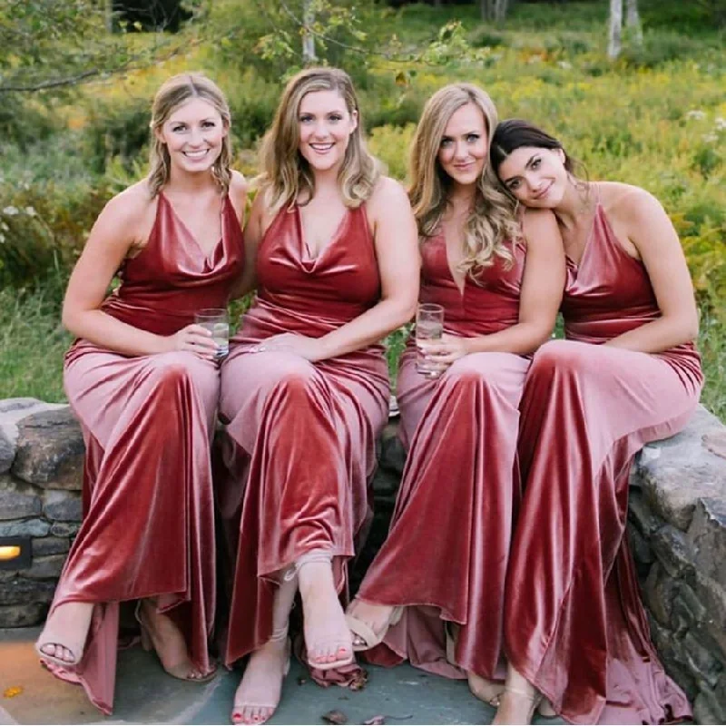 women's maximalist dressesRoycebridal Sexy V-neck Vintage Rust Velvet Bridesmaid Dresses Long